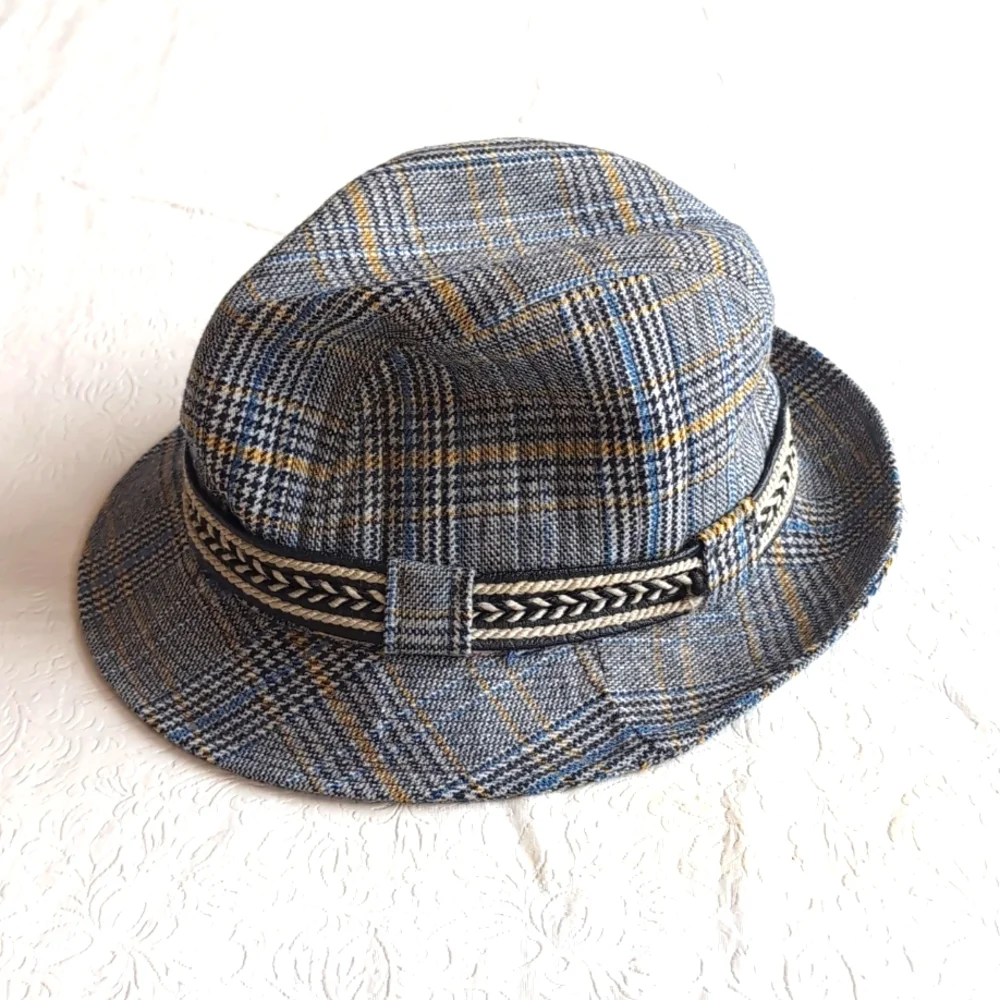 Vintage Irish Crushable by Du Pont Tweed Walking Hat Blue Black Mustard S/M Size